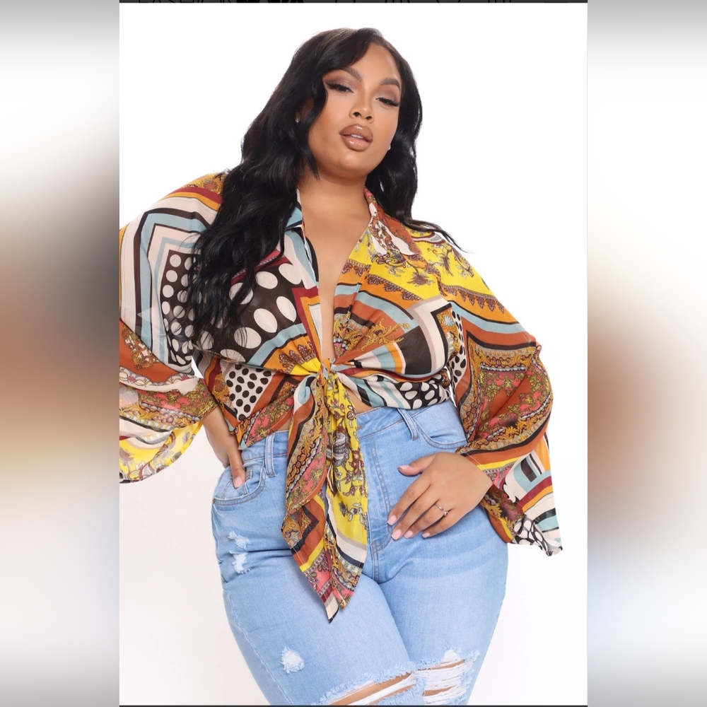Fashion Nova Yellow and Brown Multi Color Blouse
